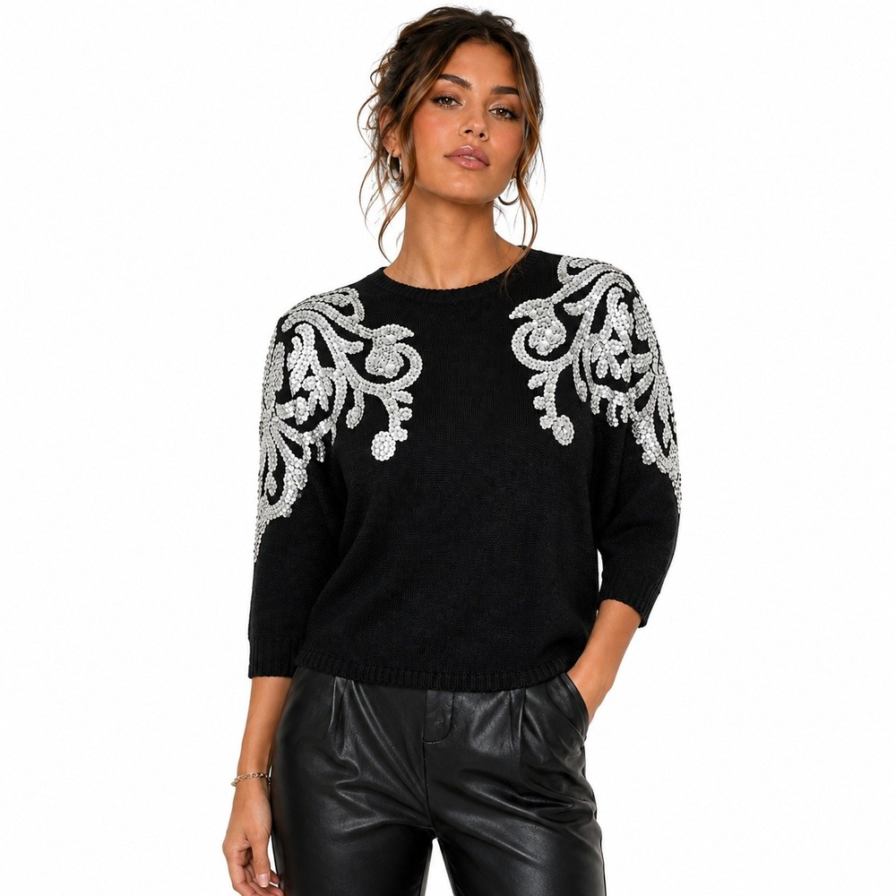 Vintage 80s Bonnie Boerer Sequin Dolman Sweater M Black Glam Padded Shoulder